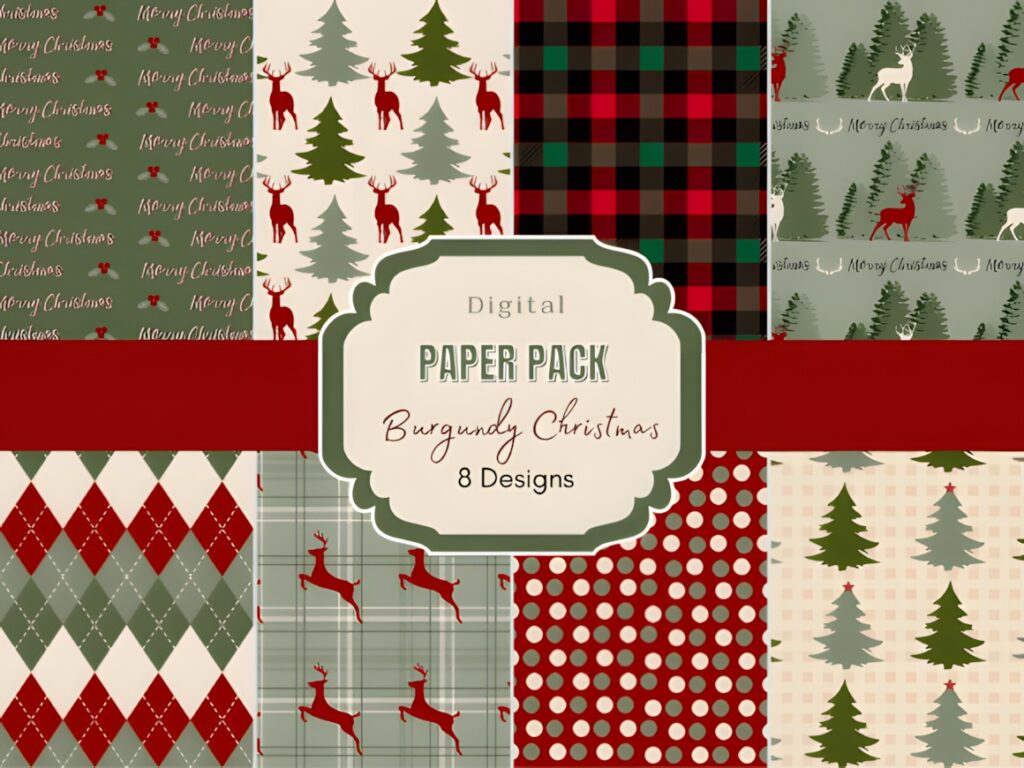Christmas digital scrapbook paper with burgundy, green, and cream patterns including reindeer, trees, plaid, polka dots, and