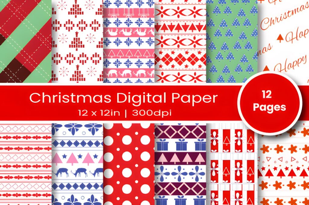 Christmas digital scrapbook paper patterns in red, green, blue, and white with festive designs and 12 pages