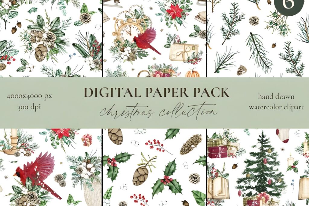 Christmas digital scrapbook paper for printables with hand drawn watercolor floral and holiday patterns