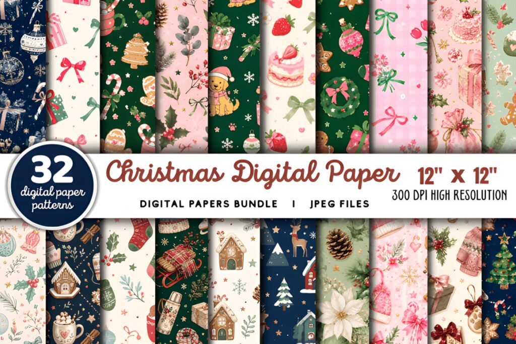 Christmas digital scrapbook paper bundle with 32 festive 12x12 inch patterns including gingerbread, ornaments, and holiday