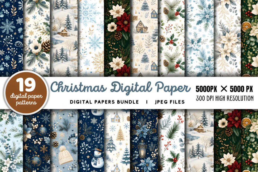 Christmas digital scrapbook paper patterns including snowflakes, poinsettias, snowmen, winter villages, and pine branches in