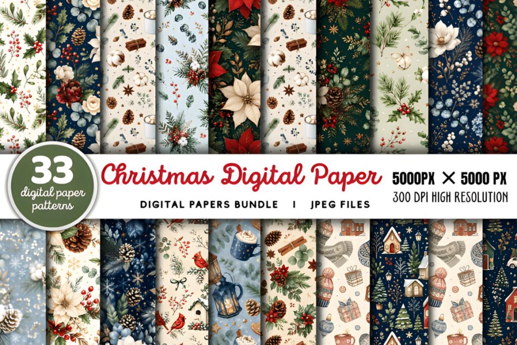 Christmas digital scrapbook paper with 33 repeating seasonal patterns including poinsettias, pine cones, holly, and festive