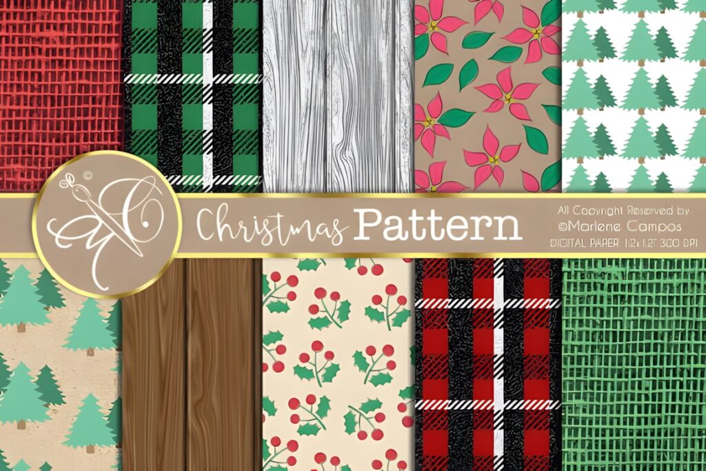 Christmas digital scrapbook paper set with various holiday patterns including plaid, wood grain, poinsettia, holly, and