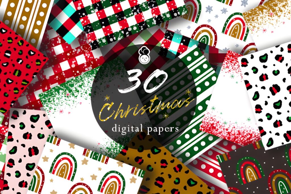 Christmas digital scrapbook paper bundle with 30 colorful patterned JPEG papers featuring festive designs