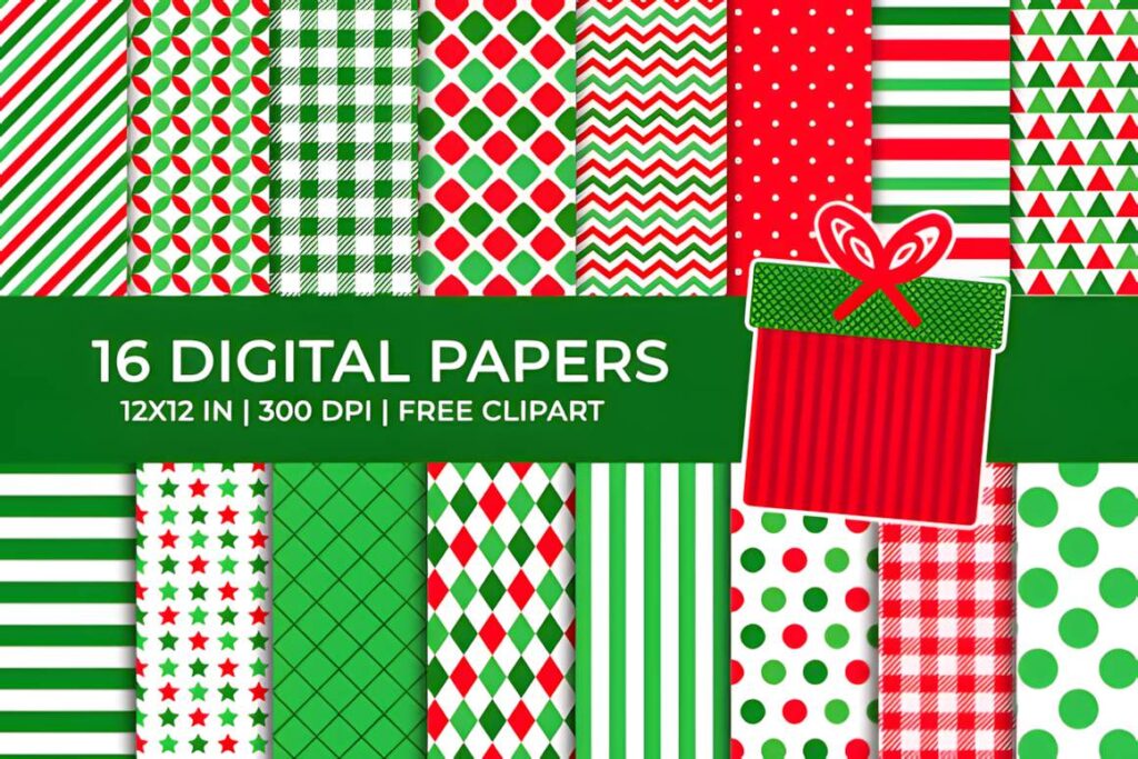 Christmas digital scrapbook paper set with 16 patterned red, green, and white backgrounds for gift crafts