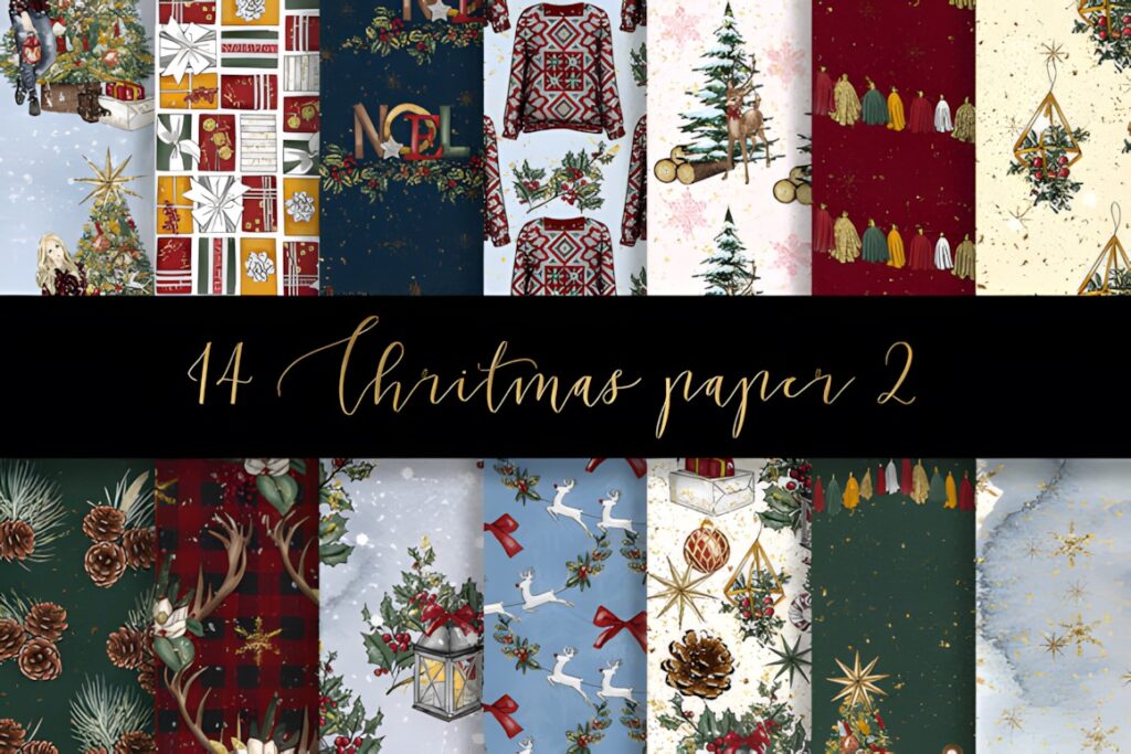 Christmas digital scrapbook paper featuring various festive patterns including pine cones, reindeer, Christmas trees, and