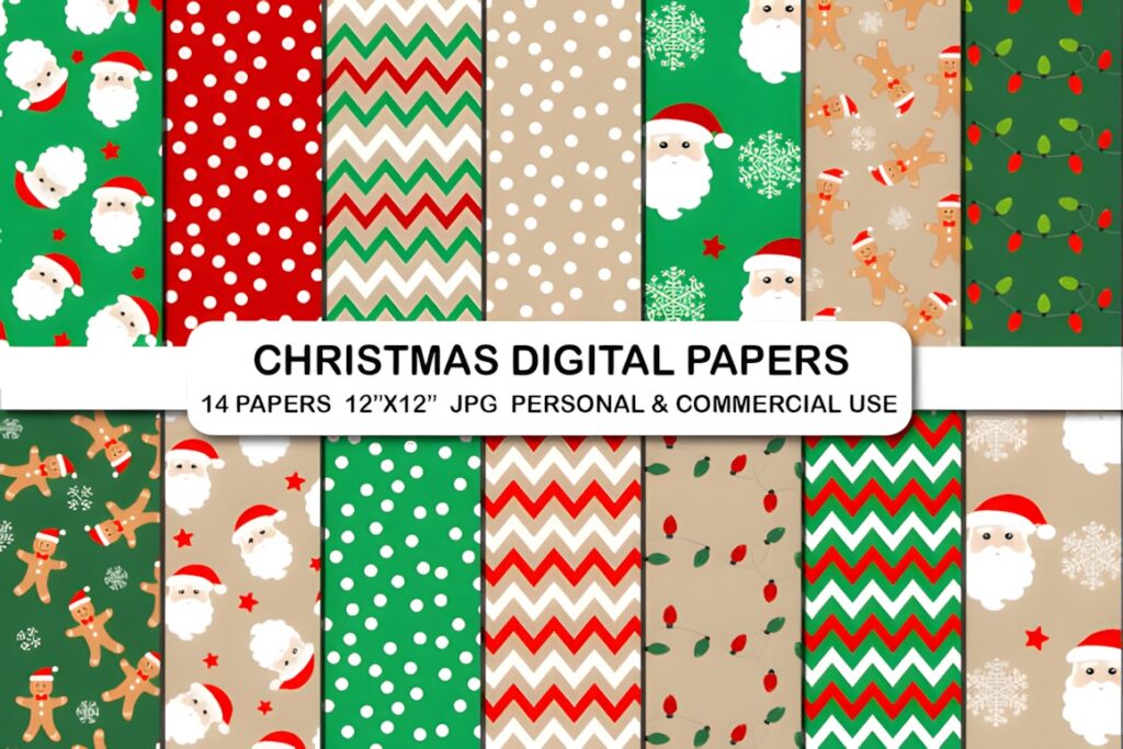 Christmas digital scrapbook paper patterns including Santa faces, polka dots, chevrons, holly leaves, and gingerbread men in
