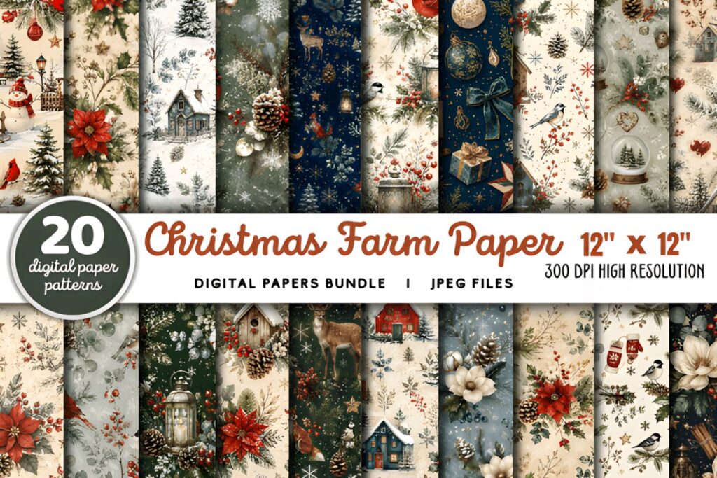 Christmas digital scrapbook paper featuring 20 rustic farm-themed patterns with poinsettias, snowmen, pinecones, and vintage