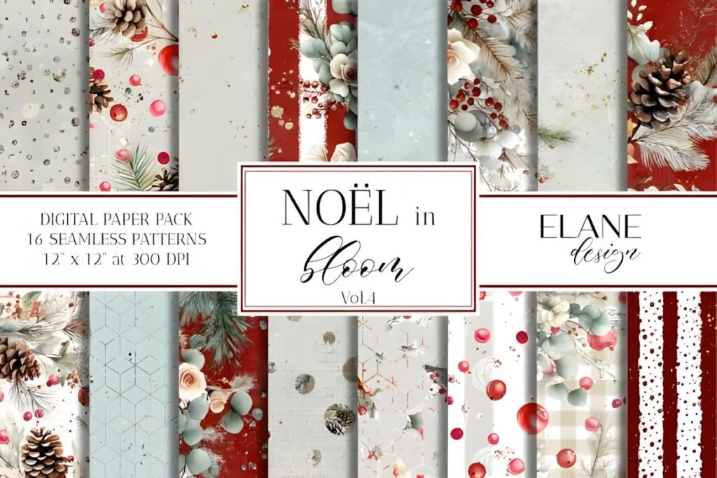Christmas digital scrapbook paper with floral and botanical holiday patterns in red, white, and green tones
