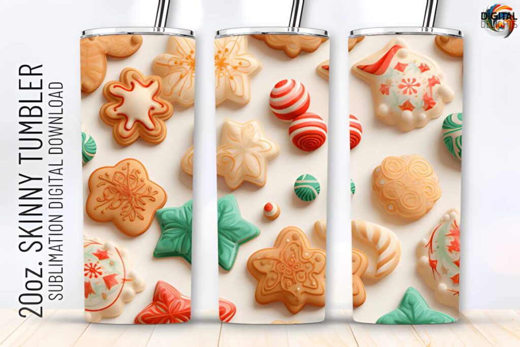 Christmas tumbler sublimation designs featuring gingerbread and festive cookie patterns for 20oz skinny tumblers