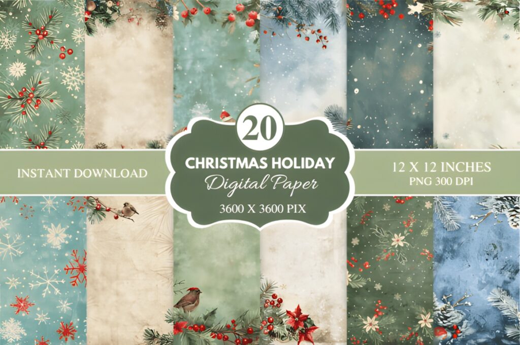 Christmas digital scrapbook paper for printables featuring 20 holiday-themed designs with snowflakes, berries, and festive