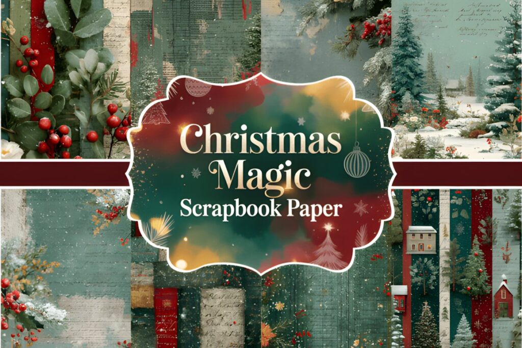 Christmas digital scrapbook paper set featuring snowflakes, ornaments, holly, and winter scenes in reds, golds, greens, and
