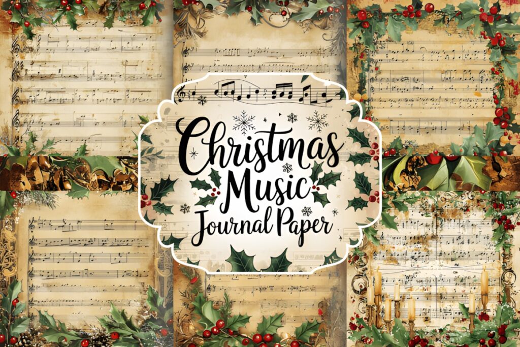 Christmas digital scrapbook paper featuring vintage sheet music with holly, berries, and festive decorations