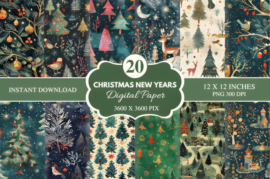 Christmas digital scrapbook paper pack featuring 20 designs with trees, stars, and festive patterns for holiday crafts