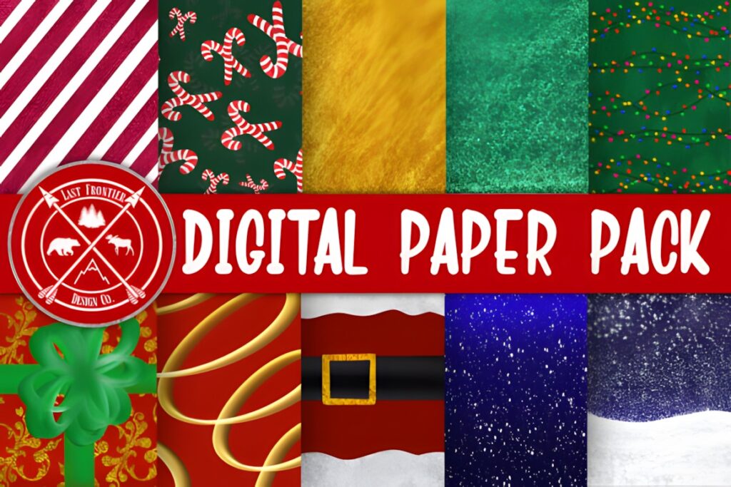 Christmas digital scrapbook paper for printables featuring candy canes, stripes, gold textures, green patterns, holiday