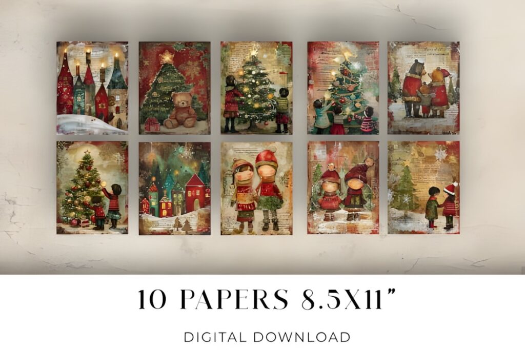 Christmas digital scrapbook paper featuring vintage-inspired holiday scenes with children, Christmas trees, and festive