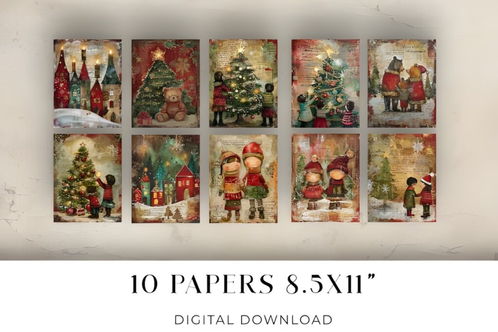 Christmas digital scrapbook paper for printables featuring vintage holiday scenes and patterns in 8.5x11 inch format
