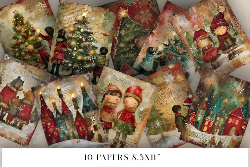 Christmas digital scrapbook paper set with vintage holiday scenes and nostalgic designs for gift crafts