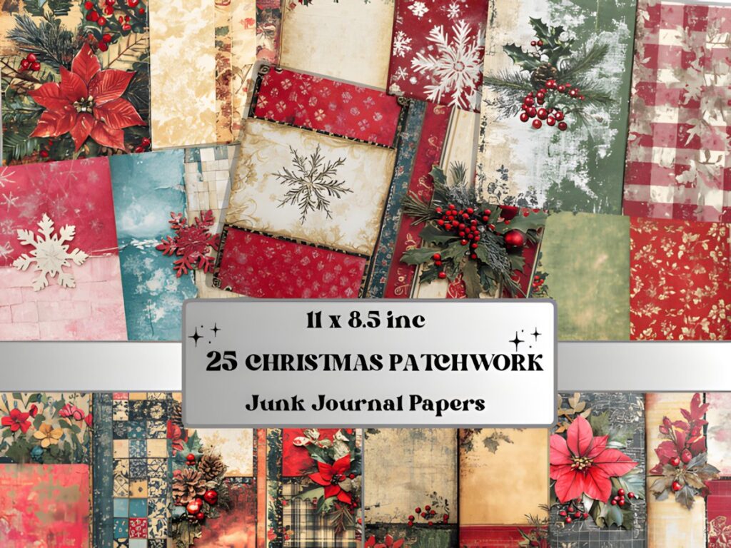 Christmas digital scrapbook paper set with 25 letter-size sheets featuring quilted-style patchwork designs, snowflakes