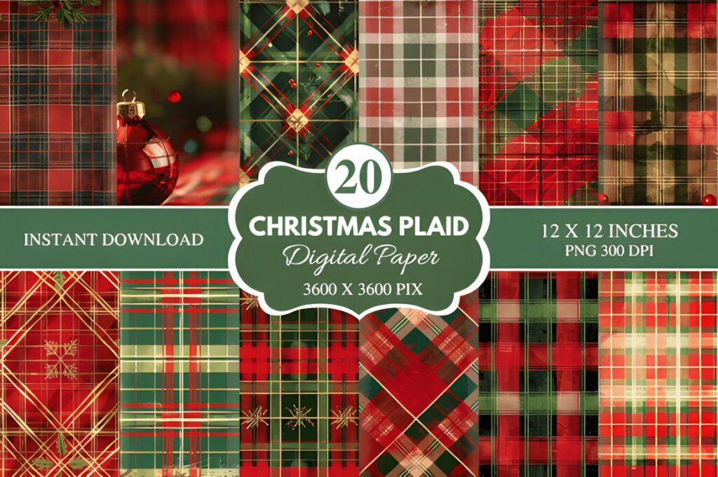 Christmas digital scrapbook paper featuring 20 plaid patterns in red, green, and gold tones for crafts