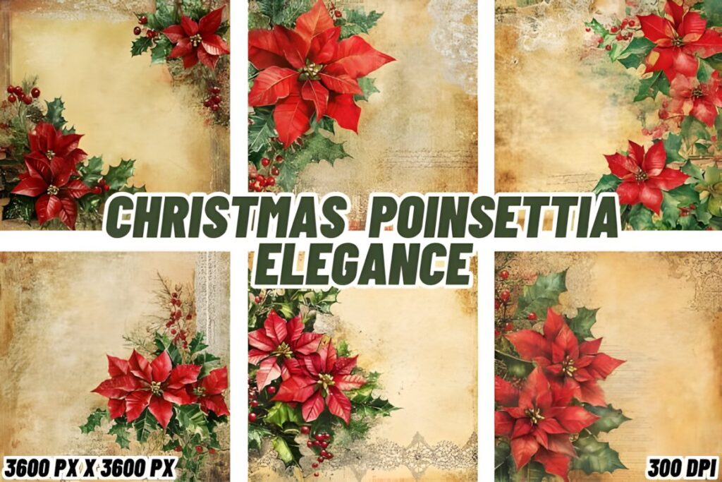Christmas digital scrapbook paper featuring watercolor poinsettias, holly leaves, greenery, and gold accents on vintage