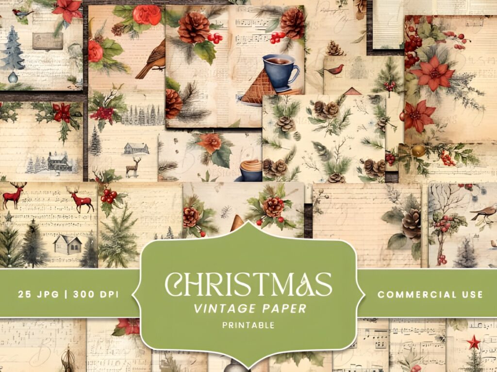 Christmas digital scrapbook paper with vintage-inspired designs including pine cones, holly, birds, and holiday motifs