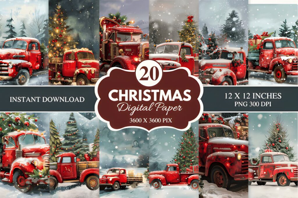 Christmas digital scrapbook paper featuring red trucks with holiday trees and snowy backgrounds