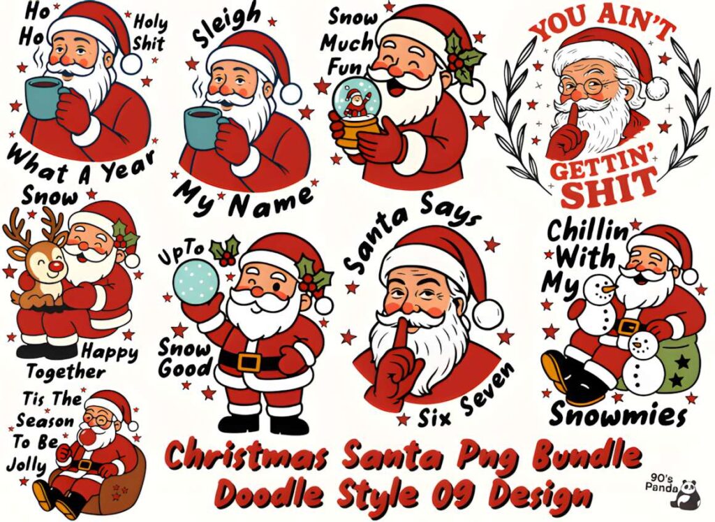 Christmas Santa Png Bundle Doodle Style with informal hand-sketched Santa — Christmas T-shirt design ideas for POD sellers
