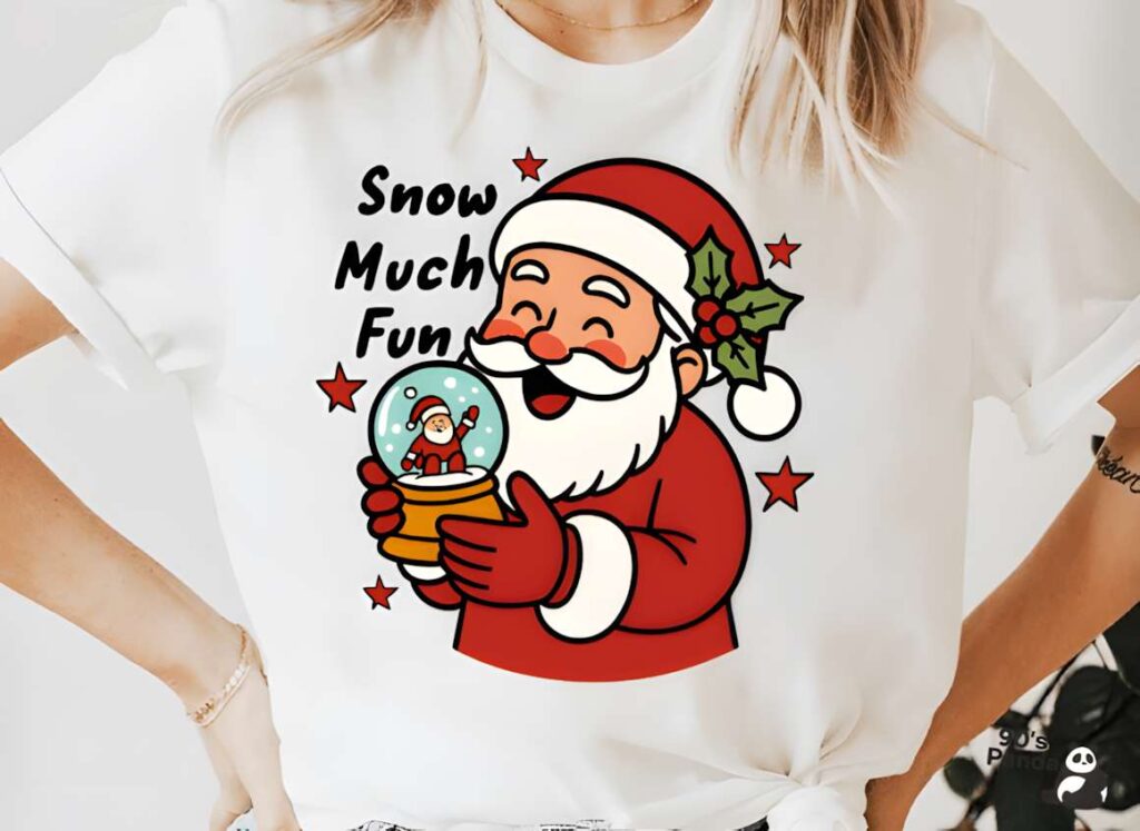 Christmas T-shirt design ideas for POD sellers featuring a cartoon Santa holding a snow globe with text Snow Much Fun