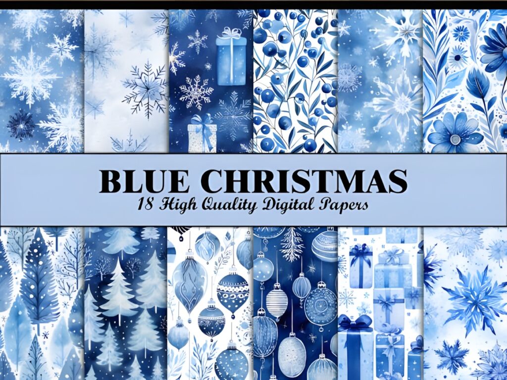 Christmas digital scrapbook paper in blue winter theme with snowflakes, gifts, ornaments, and floral patterns