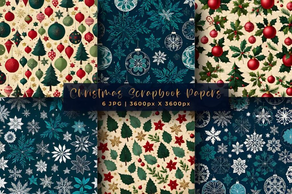 Christmas digital scrapbook paper with festive patterns including ornaments, holly, poinsettias, and snowflakes in red