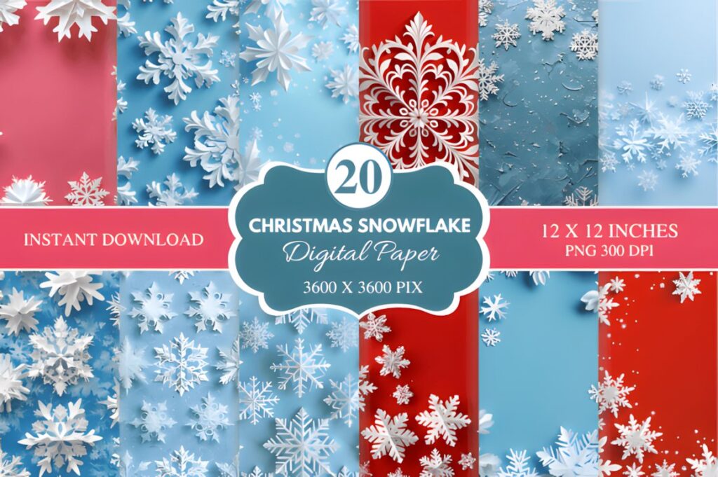 Christmas digital scrapbook paper featuring various snowflake patterns in blue and red backgrounds
