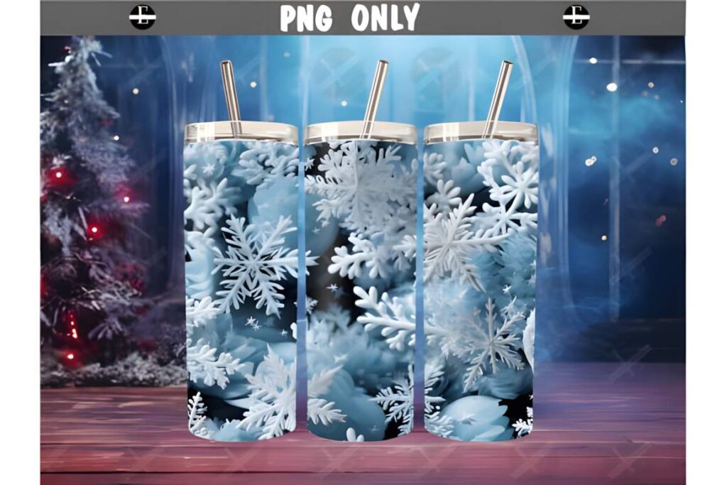 Christmas tumbler sublimation designs featuring detailed blue and white snowflake patterns on skinny tumblers with metal