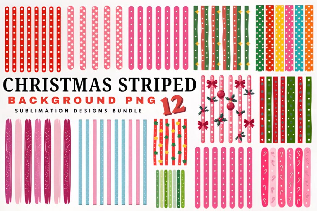 Christmas digital scrapbook paper with various striped background PNG designs in red, green, pink, and blue colors