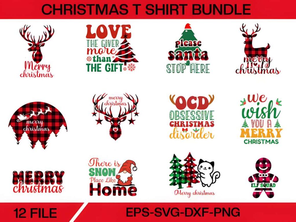 Christmas T-shirt design ideas for POD sellers featuring various festive graphics and phrases in a bundle