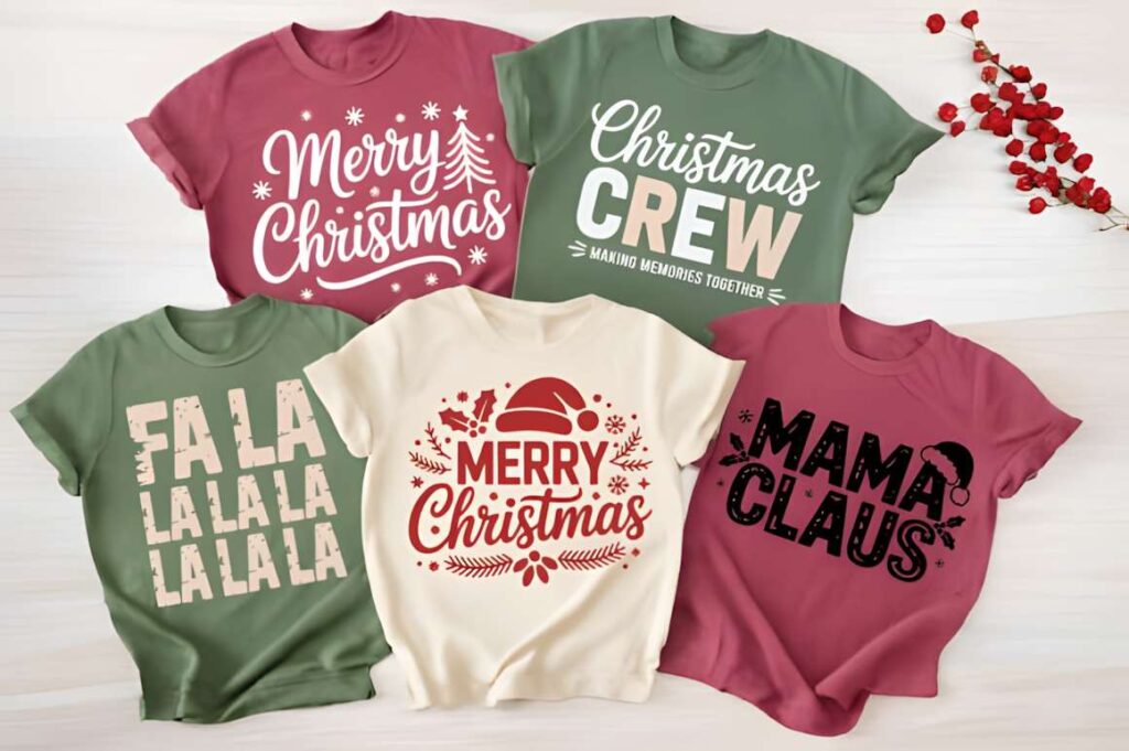 Christmas t-shirt design ideas for POD sellers featuring Merry Christmas, Christmas Crew, Fa La La, Mama Claus designs