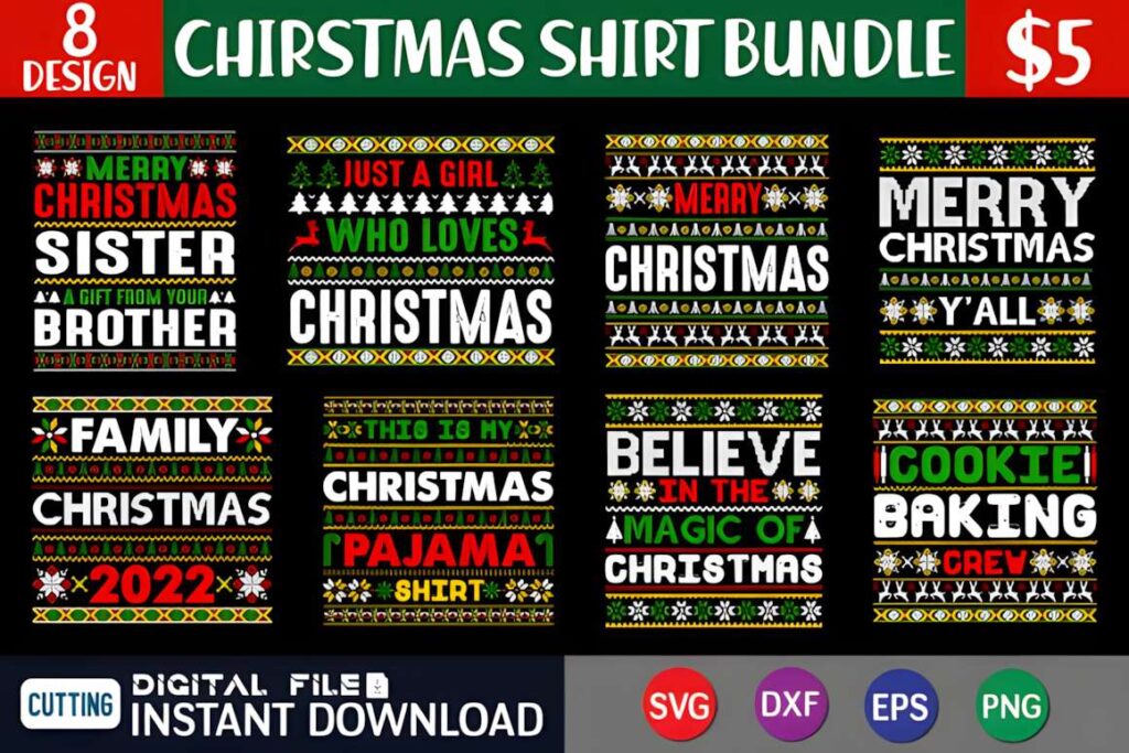 Christmas T-shirt design ideas for POD sellers featuring 8 colorful holiday-themed shirt designs in a bundle