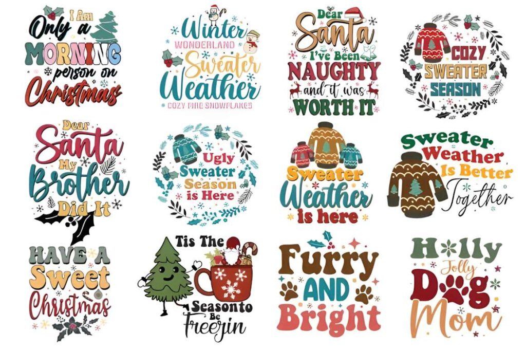 Christmas t-shirt design ideas for POD sellers featuring colorful holiday-themed phrases and graphics