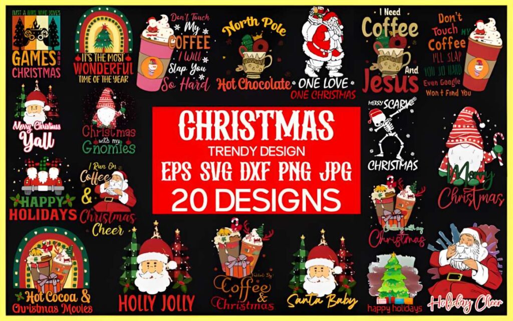 Christmas T-shirt design ideas for POD sellers featuring 20 trendy holiday-themed graphics including Santa, coffee, hot