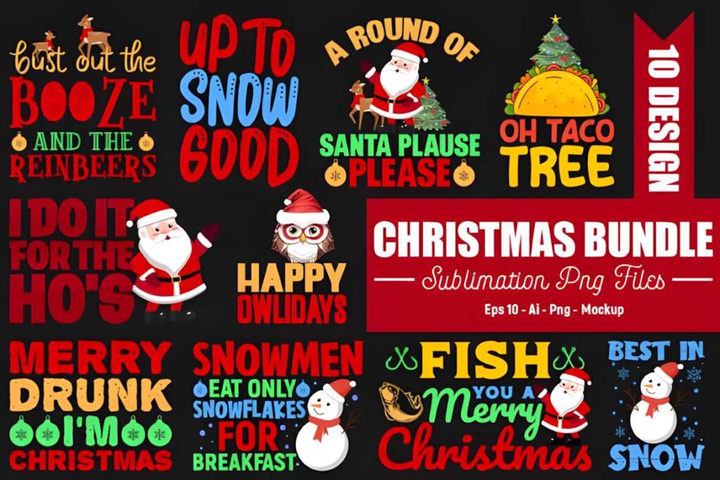 Christmas T-shirt design ideas for POD sellers featuring 10 colorful holiday-themed graphics including Santa, snowmen, and