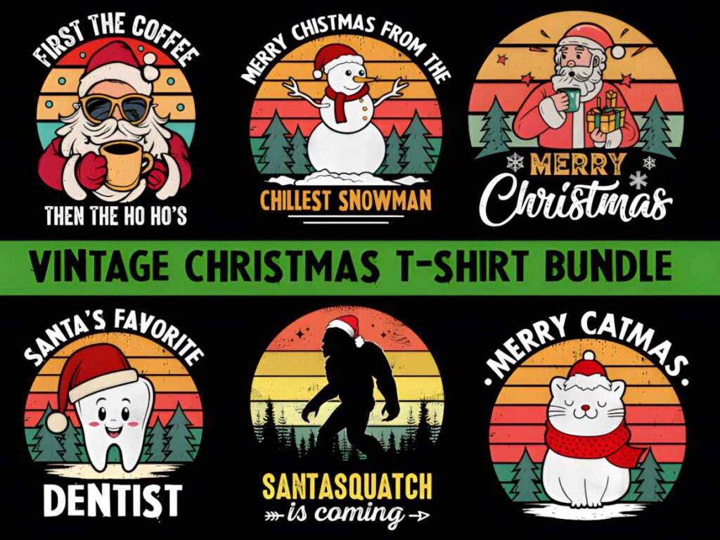 Christmas t-shirt design ideas for POD sellers featuring vintage holiday graphics including Santa, snowman, cat, and themed