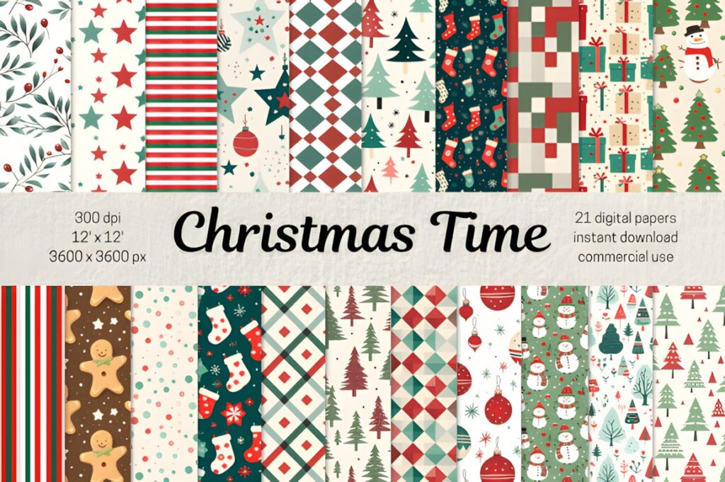 Christmas digital scrapbook paper collection with patterns including stars, stripes, trees, stockings, gifts, snowmen, and
