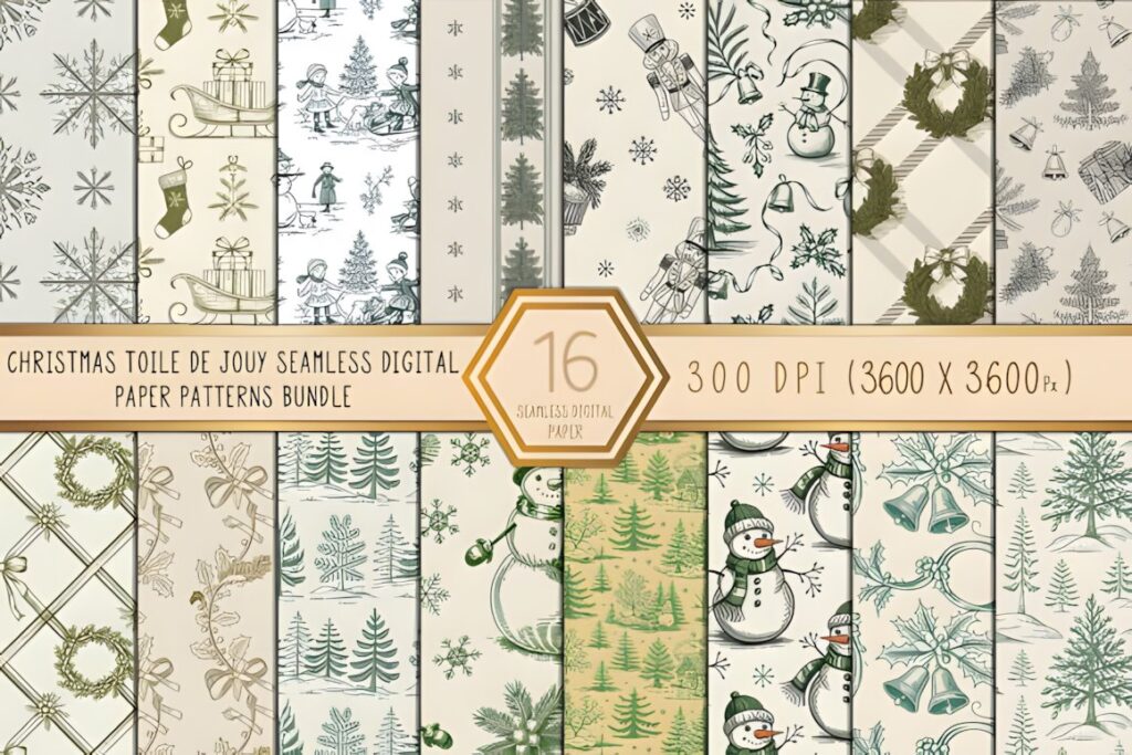 Christmas digital scrapbook paper featuring Toile De Jouy patterns with snowmen, wreaths, trees, and holiday motifs in muted