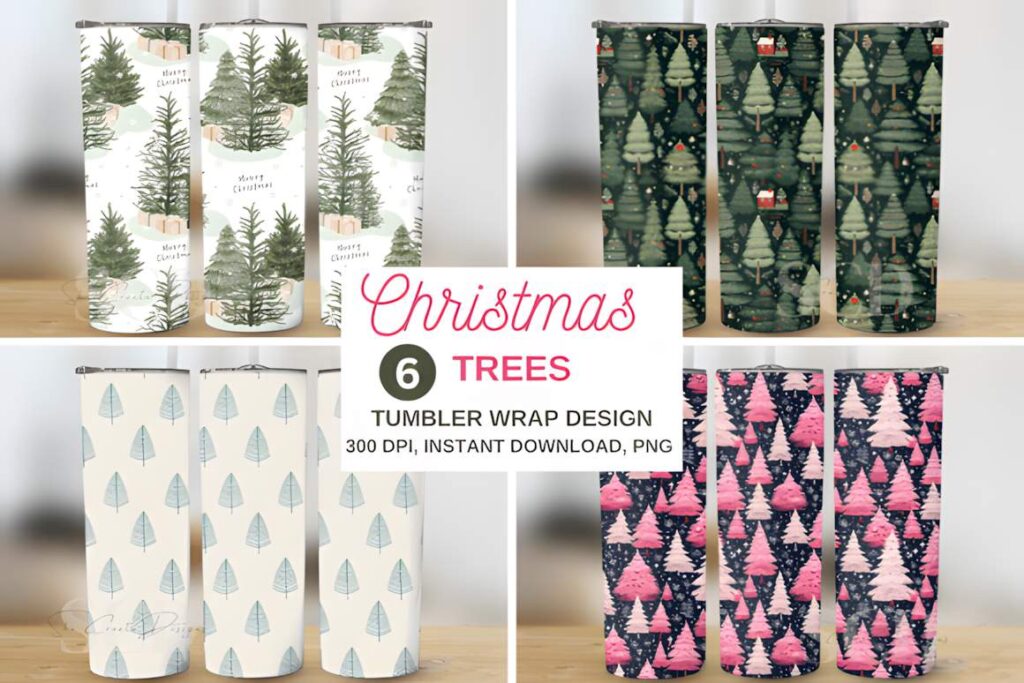 Christmas tumbler sublimation designs featuring six different Christmas tree wrap patterns in various colors and styles