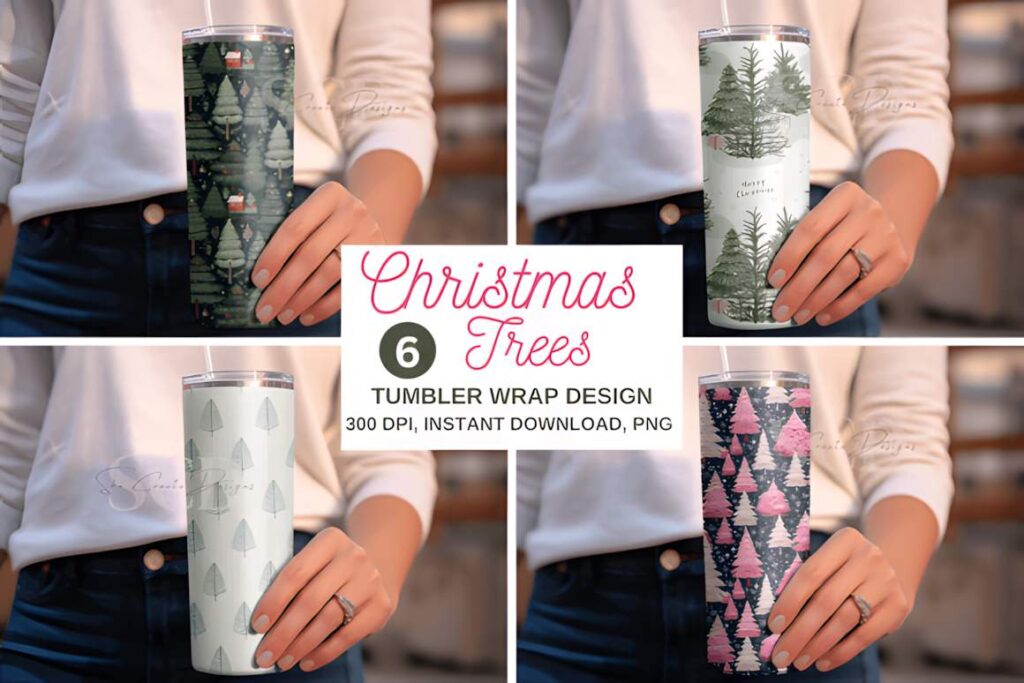 Christmas tumbler sublimation designs featuring six different Christmas tree wrap patterns in various colors and styles