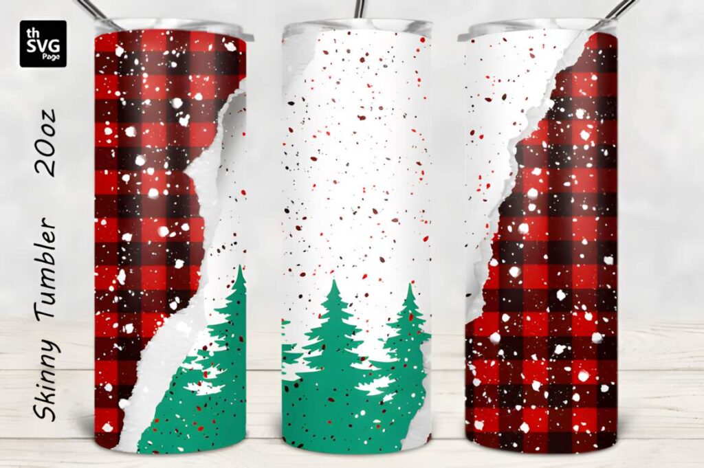 Christmas tumbler sublimation designs featuring red buffalo plaid and green Christmas tree graphics on skinny tumblers