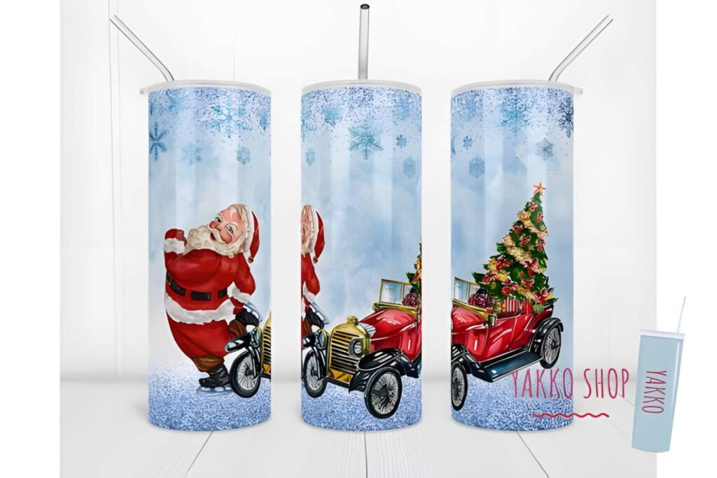 Christmas tumbler sublimation designs featuring Santa Claus with a vintage red classic car and decorated Christmas tree on a