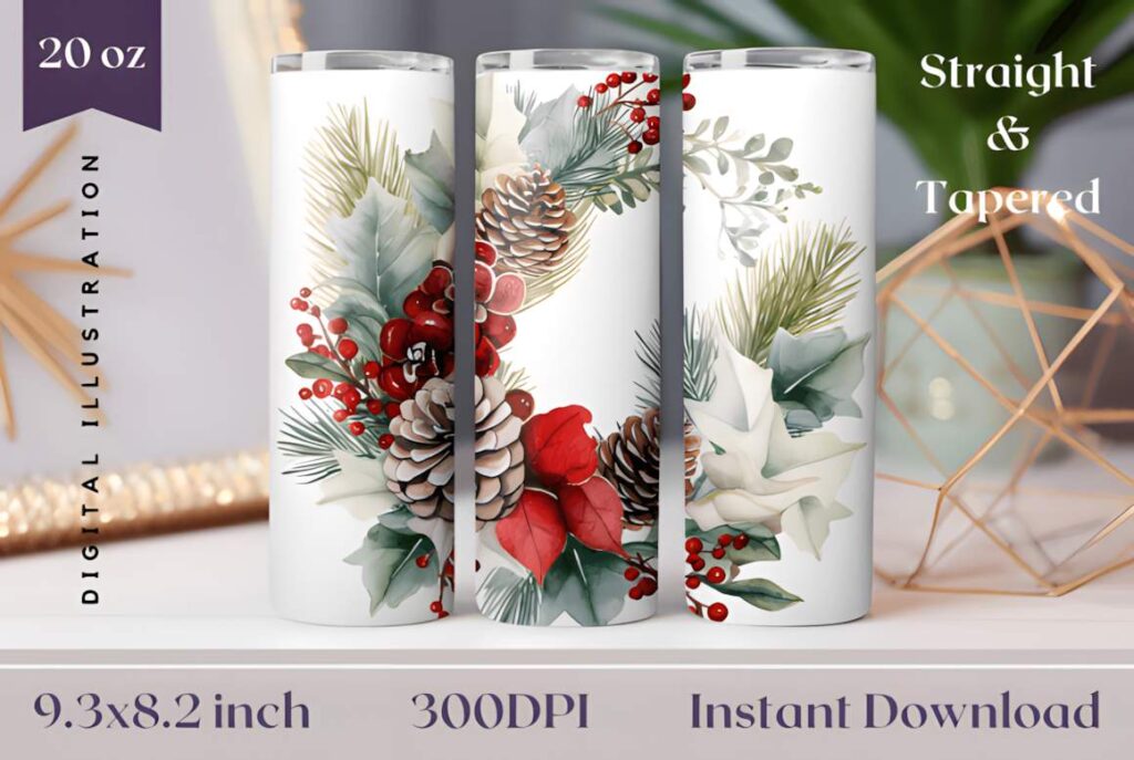 Christmas tumbler sublimation designs featuring a colorful wreath with pinecones, berries, and greenery on 20 oz tumblers