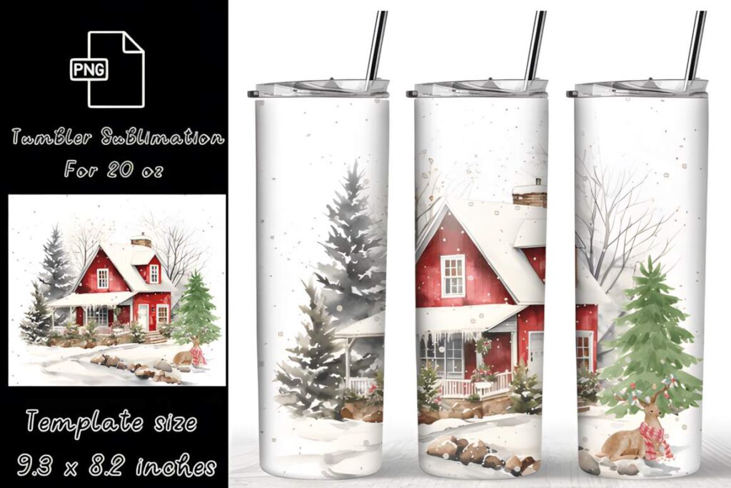 Christmas tumbler sublimation designs featuring a snowy red house, pine trees, and winter scenery for 20 oz skinny tumblers