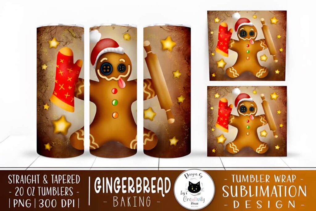 Christmas tumbler sublimation designs featuring a gingerbread man with Santa hat, rolling pin, and star cookies on a brown
